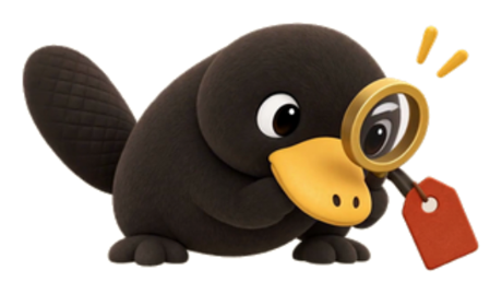 Digger, the Fossick platypus, inspecting a price tag with a magnifying glass