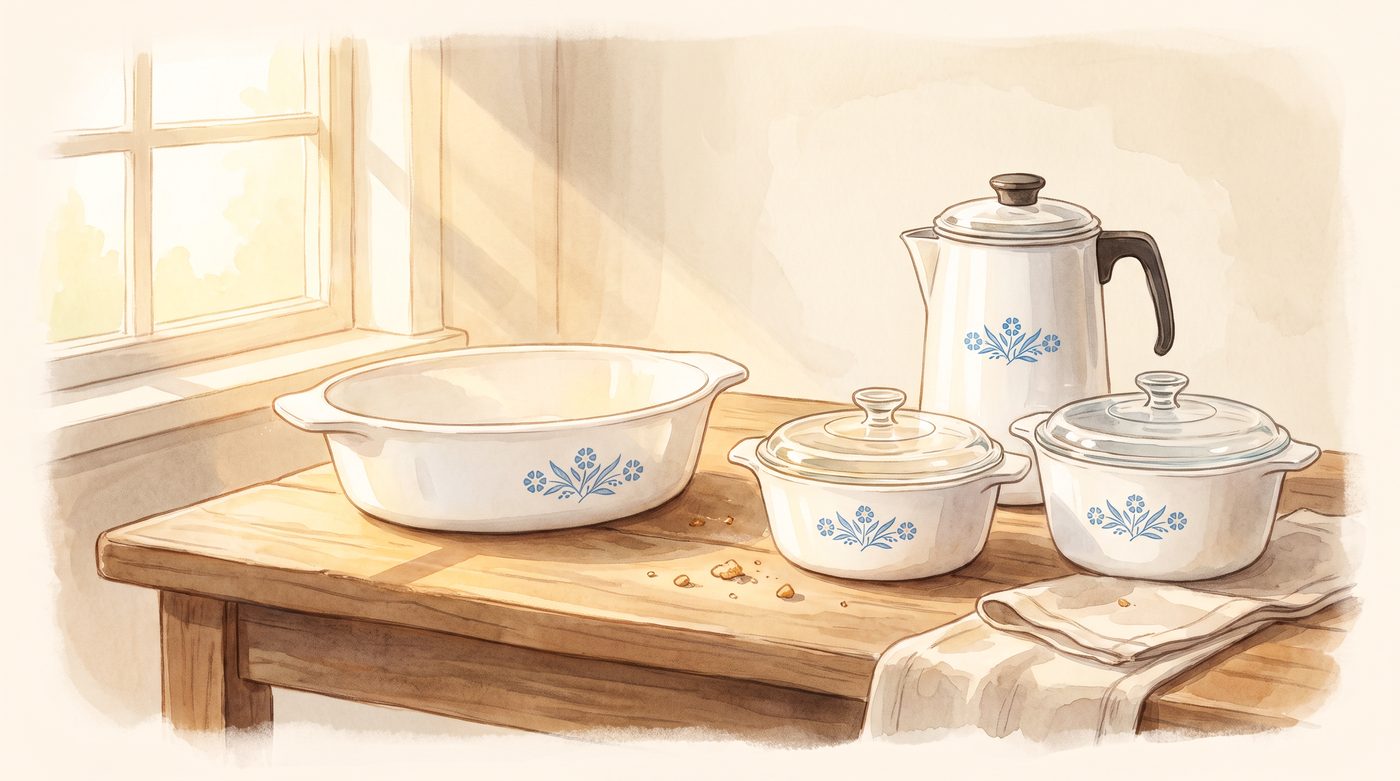 Painted illustration of vintage white casserole dishes with small blue flowers and a matching percolator