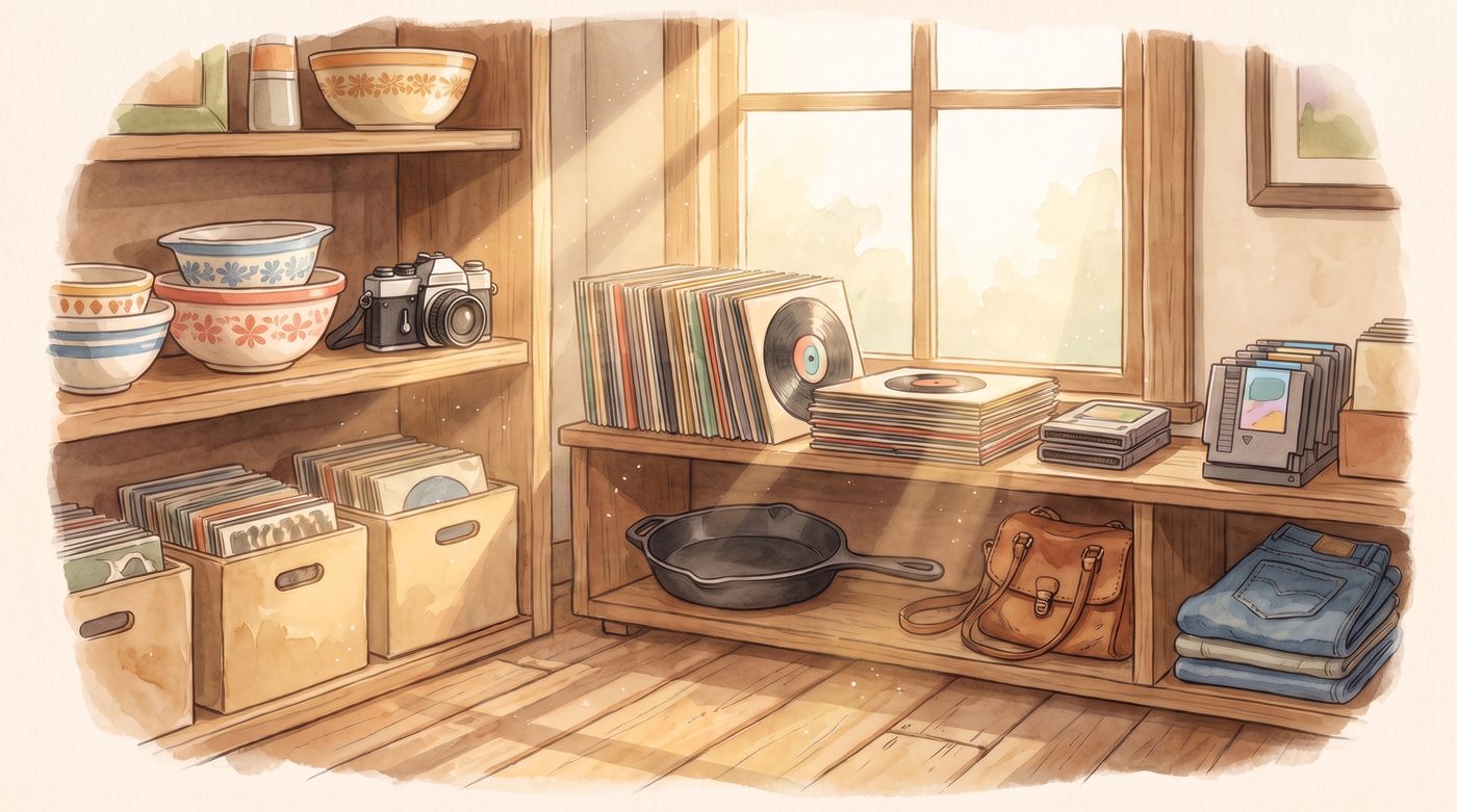 Painted illustration of a cozy secondhand shop with vintage bowls, a camera, records and denim on wooden shelves