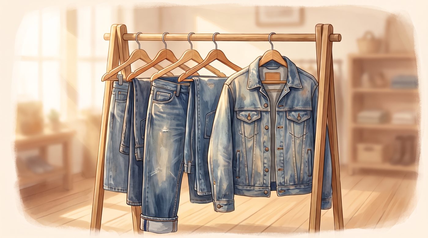 Painted illustration of vintage denim jeans and a trucker jacket on a thrift store rack