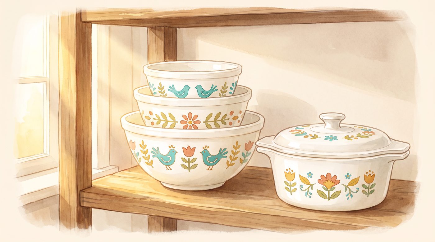 Painted illustration of vintage patterned milk glass mixing bowls and a casserole on a thrift shelf