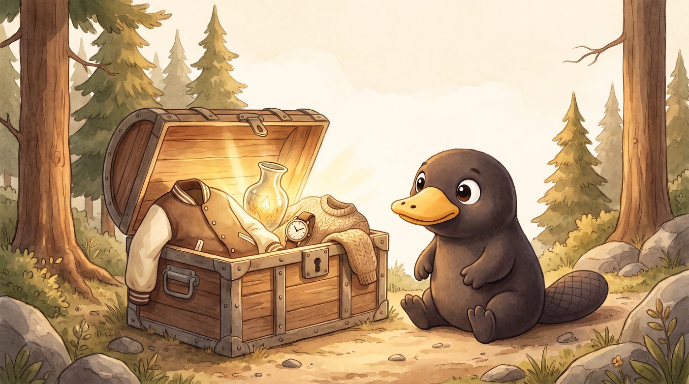 Painted illustration of Digger the platypus beside an open treasure trunk of vintage finds