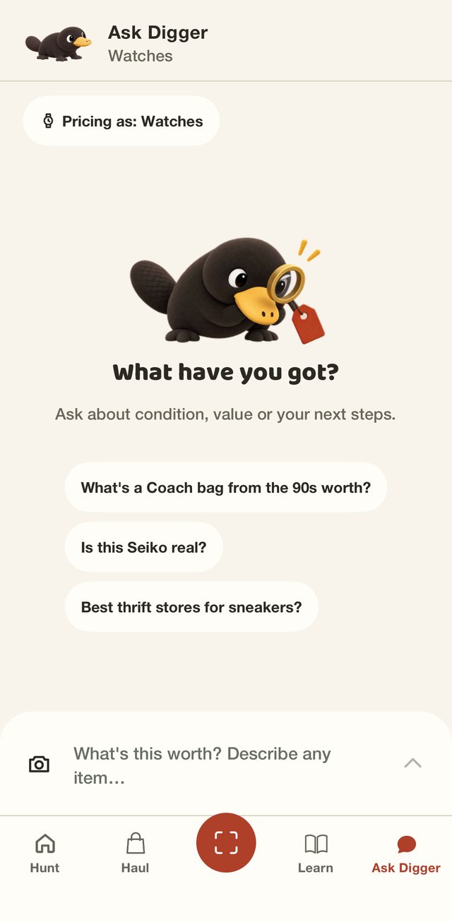 Ask Digger screen with example questions such as what a 90s Coach bag is worth