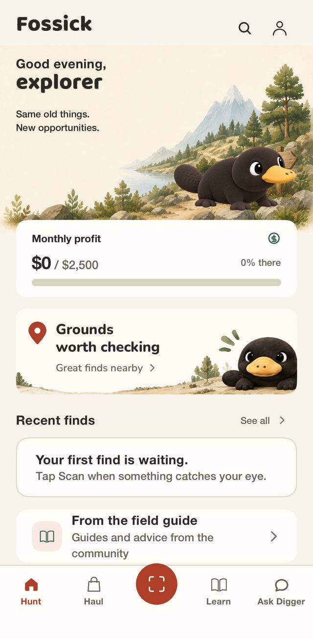 The Fossick home screen with a monthly profit goal, nearby grounds worth checking and recent finds